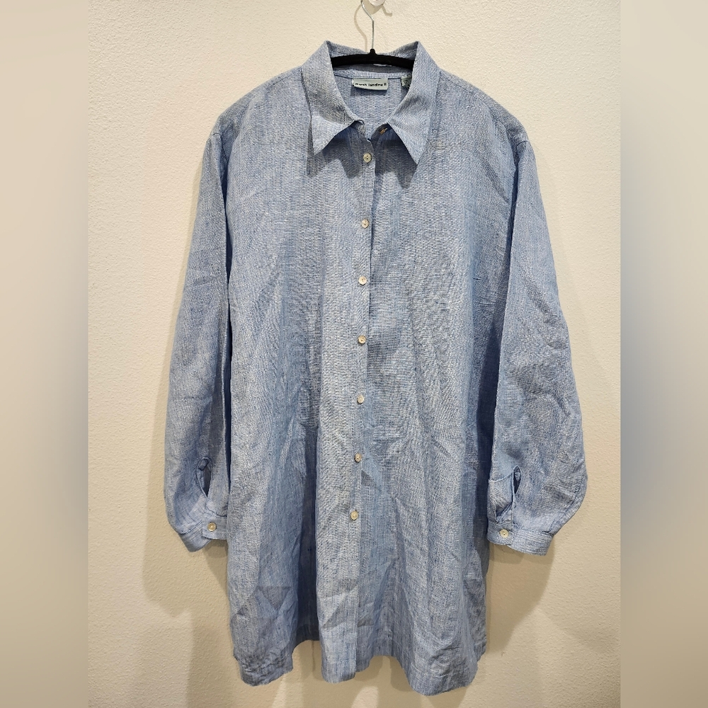 Marsh Landing ll Button Down Shirt 100% Linen Long Sleeve Collared Blue Size 1X